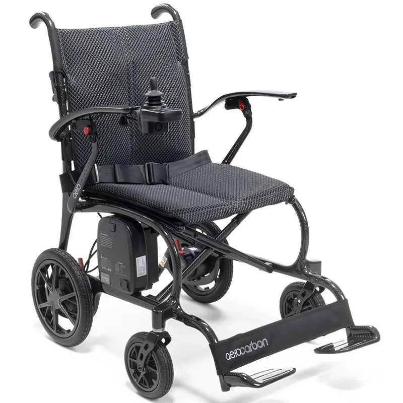 AeroCarbon Carbon Fibre Folding Powerchair Wheelchair with visible branding on a white background