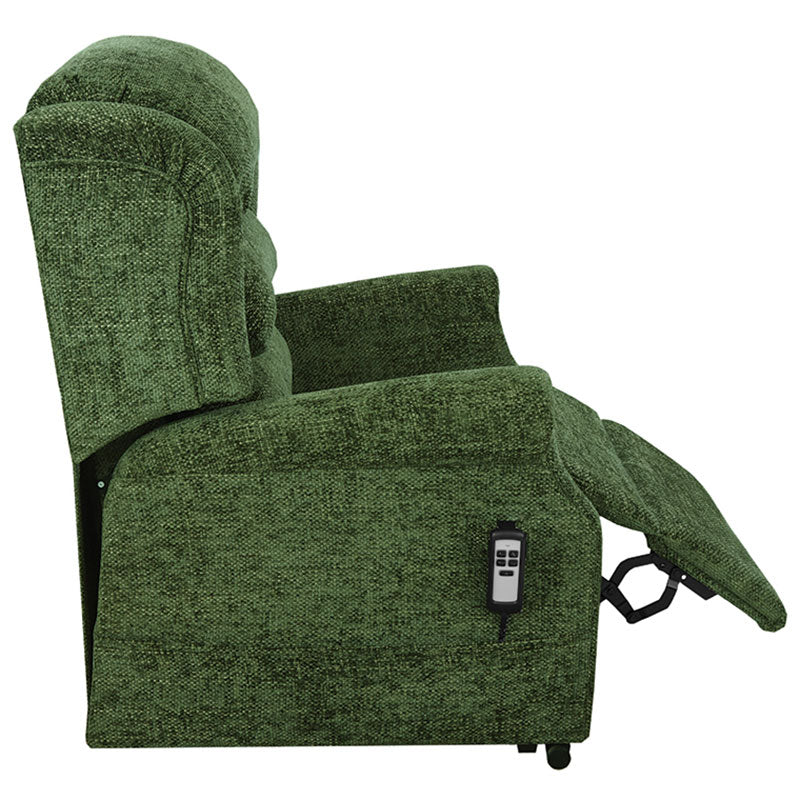 Mobility World Ltd UK - Ambassador Cosi Chair Waterfall Dual Motor Riser Recliner Forest Green Side On Footrest Up
