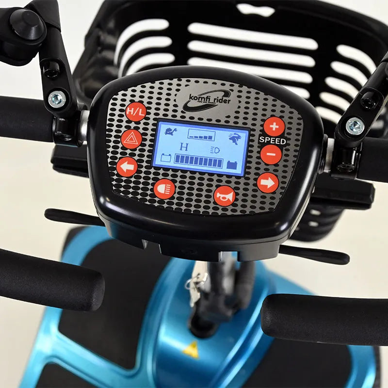 Close-up of a scooter's control panel with visible brand logo on a light background