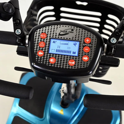 Close-up of a scooter's control panel with visible brand logo on a light background