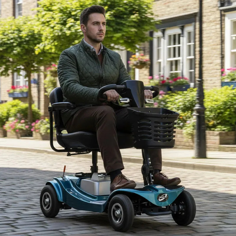 Marlin 8 8mph Mobility Scooter man smilling on cobbles