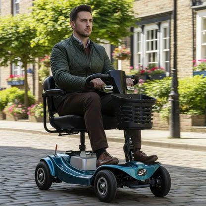 Marlin 8 8mph Mobility Scooter man smilling on cobbles