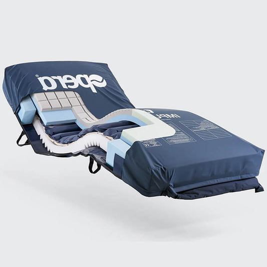 The Opera Impulse Powered Hybrid Profiling Mattress delivers the best of both worlds when it comes to pressure relief and comfort. The layered foam and air cell construction provide optimum cushioning and support, while the three-zone lying surface ensures a comfortable night's sleep for everyone. The broad-castellation head zone provides plenty of room for pillows and blankets, while the gel-infused heel zone offers envelopment and pressure relief for the most vulnerable areas._img