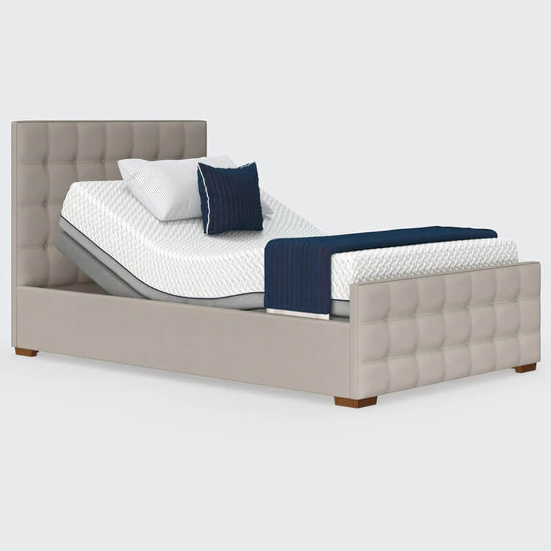 The Edel sports a matching detailed head and foot board giving it a grand, plush appearance. Comes as standard with back/leg adjustment, wireless control and zero gravity mode.