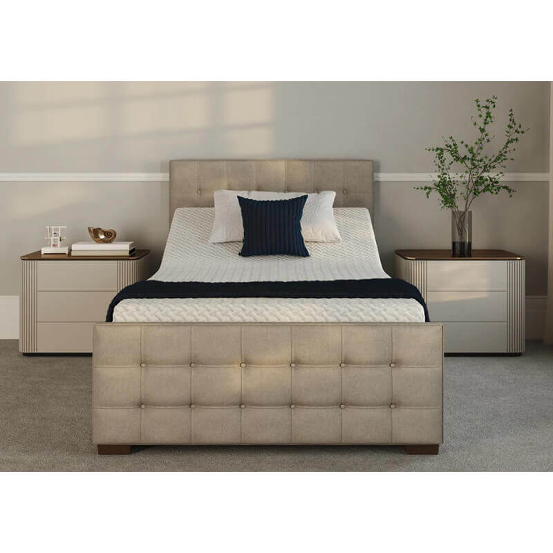 The Edel sports a matching detailed head and foot board giving it a grand, plush appearance. Comes as standard with back/leg adjustment, wireless control and zero gravity mode.