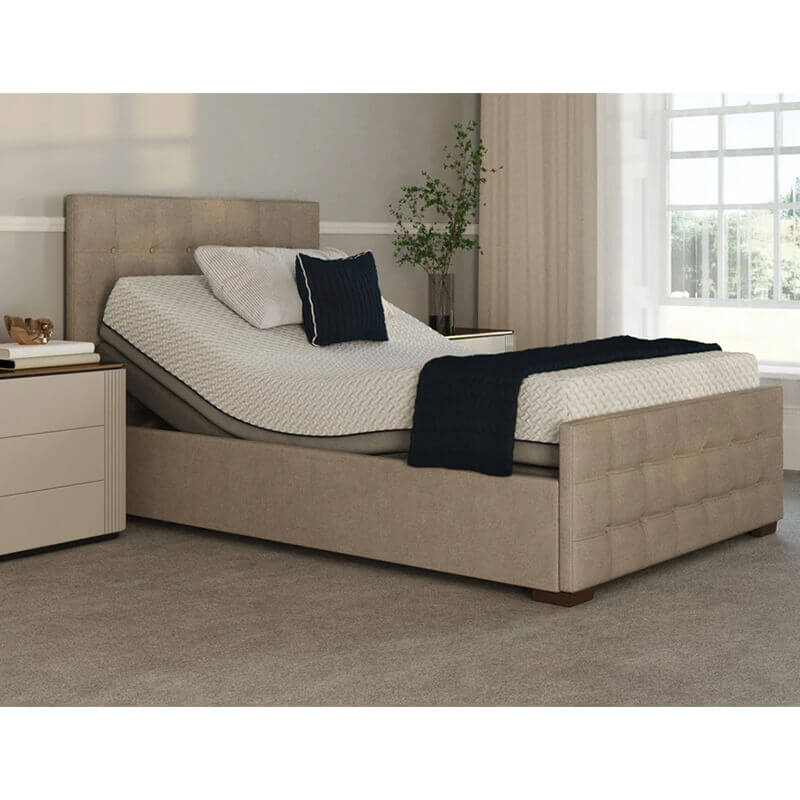 The Edel sports a matching detailed head and foot board giving it a grand, plush appearance. Comes as standard with back/leg adjustment, wireless control and zero gravity mode.