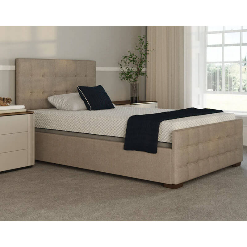 The Edel sports a matching detailed head and foot board giving it a grand, plush appearance. Comes as standard with back/leg adjustment, wireless control and zero gravity mode.