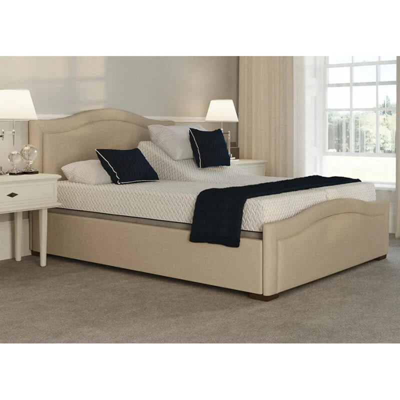  The Edel Dual is a British-made, adjustable bed with a split mattress platform for independent control. It features detailed head and footboards, smart backlit handsets, and an ergonomic design with soft-touch buttons.  Available in King Dual (150cm/5ft) and Super King Dual (180cm/6ft) with various fabrics. It includes NASA's Zero-Gravity feature for pressure-free comfort and Anti-Snore Technology for a peaceful sleep.