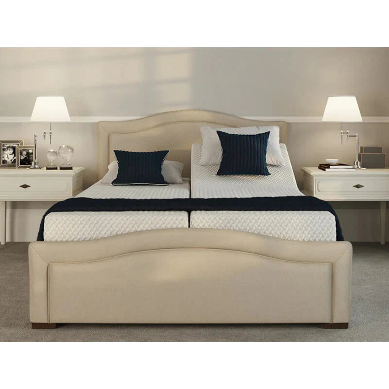  The Edel Dual is a British-made, adjustable bed with a split mattress platform for independent control. It features detailed head and footboards, smart backlit handsets, and an ergonomic design with soft-touch buttons.  Available in King Dual (150cm/5ft) and Super King Dual (180cm/6ft) with various fabrics. It includes NASA's Zero-Gravity feature for pressure-free comfort and Anti-Snore Technology for a peaceful sleep.