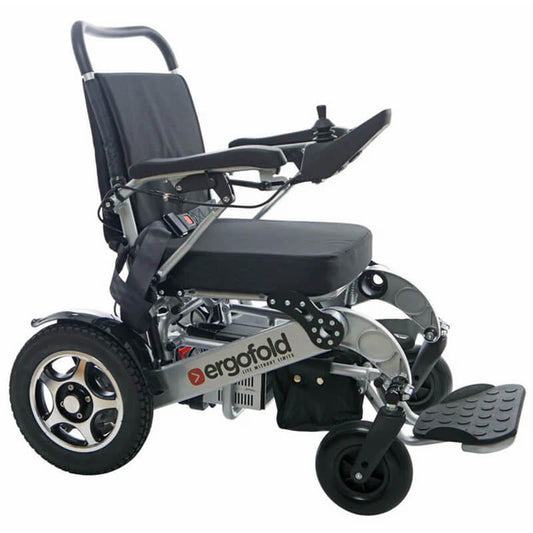 Experience the ultimate in mobility with the Ergofold Elite folding electric wheelchair. Its advanced motors, controller, and up to three batteries provide unmatched performance and range. The tension back and seat, flip-up armrests, seat belt, and 10cm cushion all contribute to a comfortable and secure ride. Plus, the white and red reflectors and 12 inch pneumatic rear wheels ensure stability and safety. With one-step quick folding, this wheelchair is perfect for those on the go._img