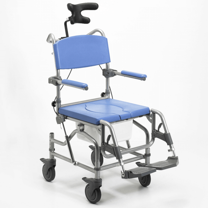 Introducing the Homecraft Deluxe Tilt-In-Space Shower Commode Chair: Secure and comfortable, it tilts for optimal positioning, has a lightweight aluminium frame with brakes, swing-away footrests, flip-back armrests, adjustable neck support, and a cut-away front for hygiene. Supports up to 20.25 stone (130kg), ideal for home or professional use, with a detachable back for compact storage. Elevate your routine today!