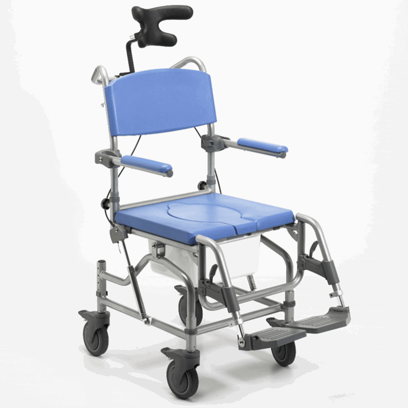 Introducing the Homecraft Deluxe Tilt-In-Space Shower Commode Chair: Secure and comfortable, it tilts for optimal positioning, has a lightweight aluminium frame with brakes, swing-away footrests, flip-back armrests, adjustable neck support, and a cut-away front for hygiene. Supports up to 20.25 stone (130kg), ideal for home or professional use, with a detachable back for compact storage. Elevate your routine today!