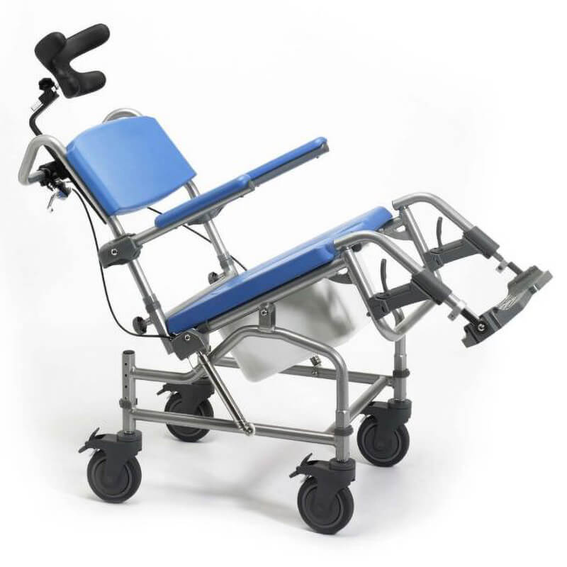 Introducing the Homecraft Deluxe Tilt-In-Space Shower Commode Chair: Secure and comfortable, it tilts for optimal positioning, has a lightweight aluminium frame with brakes, swing-away footrests, flip-back armrests, adjustable neck support, and a cut-away front for hygiene. Supports up to 20.25 stone (130kg), ideal for home or professional use, with a detachable back for compact storage. Elevate your routine today!