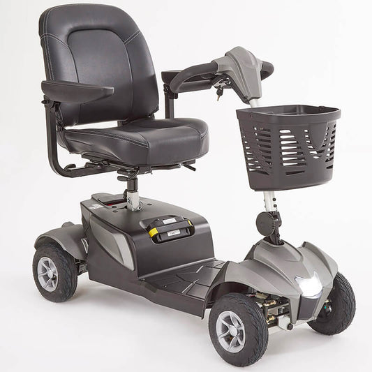  The Motion Healthcare Aura builds on the Airium's success, offering a lightweight aluminium frame (15.5kg) and a 2.6kg lithium battery with a 21-mile range. Features include pneumatic tyres, front/rear suspension, an adjustable swivelling captain's seat with flip-up armrests, and a digital LCD control panel with a front light, indicators, and adjustable delta tiller. It disassembles into six parts for easy transport, making it ideal for various terrains and travel._img