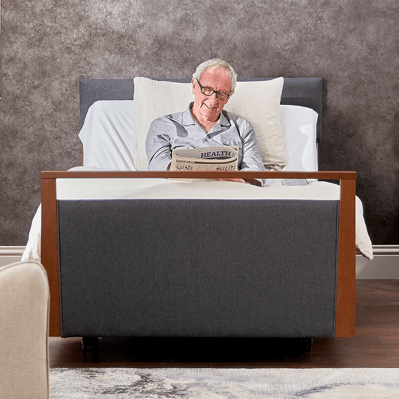 The Opera® Signature Upholstered is height adjustable for nursing and access. The bed has an extensive height range that allows it to be lowered close to the floor and raised to a carer's waist level.