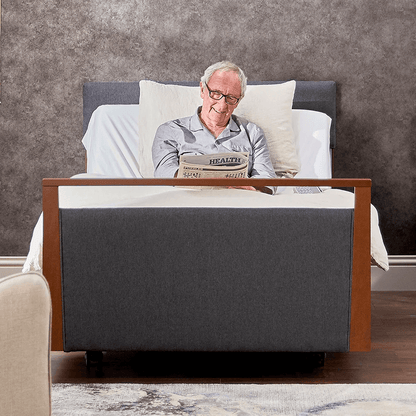 The Opera® Signature Upholstered is height adjustable for nursing and access. The bed has an extensive height range that allows it to be lowered close to the floor and raised to a carer's waist level.