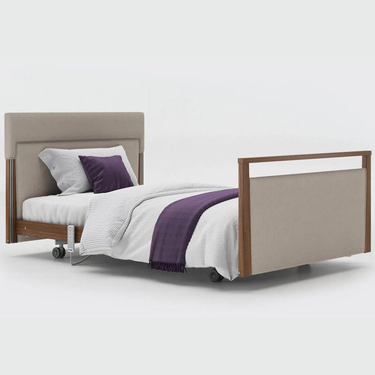 The Opera® Signature Upholstered is height adjustable for nursing and access. The bed has an extensive height range that allows it to be lowered close to the floor and raised to a carer's waist level._img
