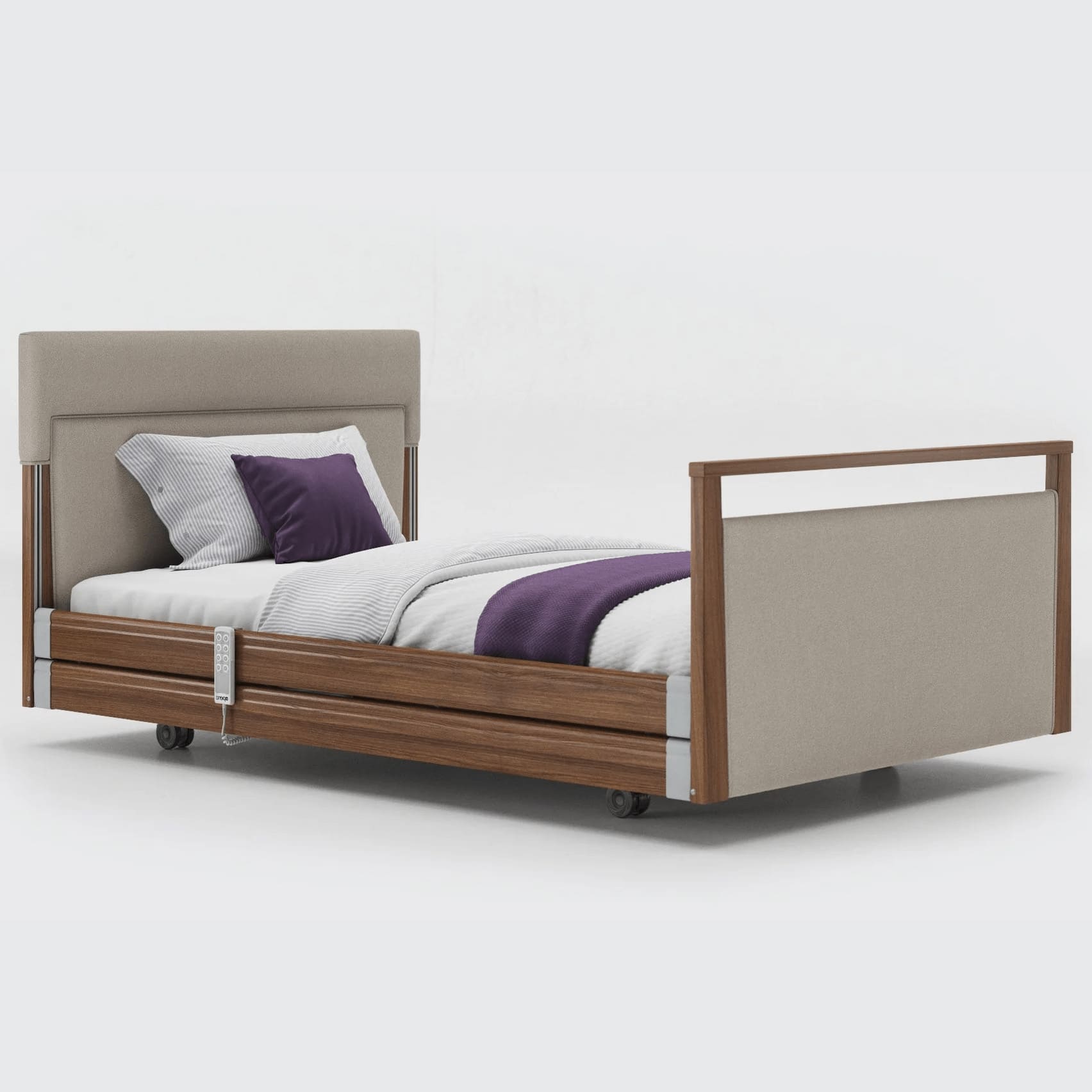 mobility_world_ltd_uk_opera_signature_upholstered_profiling_bed_4ft_with_rails_walnut_fabric_linen