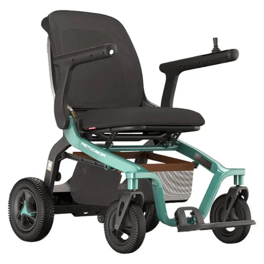 A compact and foldable Robooter E40  Indoor Folding Powerchair classic green with a black seat and safety features, including a control panel and storage compartment._img
