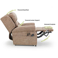 Load image into Gallery viewer,    Mobility-World-UK-Apsley-Waterfall-Three-Motor-Riser-Recliner-Pride-Mobility-Dorchester-headrest-Lumbar-Support-Footrestplate