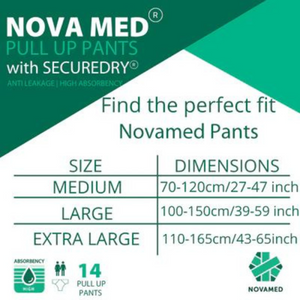 NOVAMED INCONTINENCE PANTS WOMEN & MEN, ADULT PULL UP PANTS, ADULT NAPPIES - 14 PANTS PER PACK - SIZES MEDIUM TO EXTRA LARGE