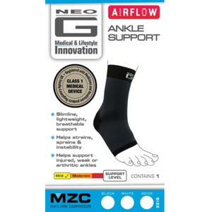 Neo G Airflow Ankle Support Small: 15 - 19 cm; Medium: 19 - 23 cm; Large: 23 - 28 cm; X-Large: 28 - 33 cm
