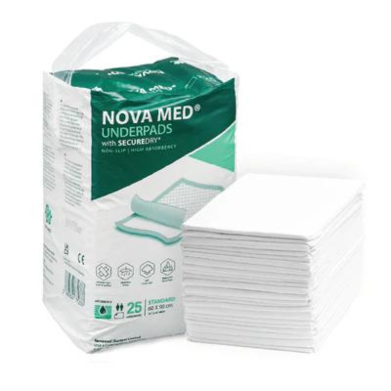 NOVAMED INCONTINENCE DISPOSABLE BED PADS, UNDERPADS WITH ADHESIVE TAPES - 60X90 CM