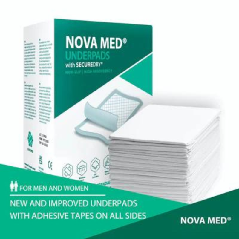 NOVAMED INCONTINENCE DISPOSABLE BED PADS, UNDERPADS WITH ADHESIVE TAPES - 60X90 CM