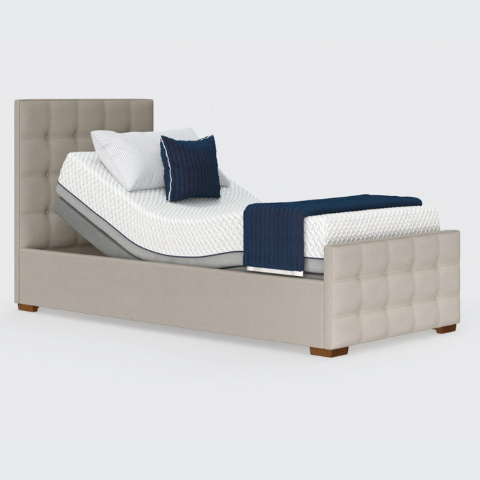 The Edel sports a matching detailed head and foot board giving it a grand, plush appearance. Comes as standard with back/leg adjustment, wireless control and zero gravity mode.