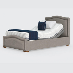 The Edel sports a matching detailed head and foot board giving it a grand, plush appearance. Comes as standard with back/leg adjustment, wireless control and zero gravity mode.