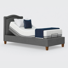 Load image into Gallery viewer, The Flyte is raised on four wooden legs to give underbed clearance. Comes as standard with back/leg adjustment, wireless control and zero gravity mode.