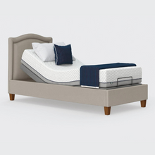 Load image into Gallery viewer, The Flyte is raised on four wooden legs to give underbed clearance. Comes as standard with back/leg adjustment, wireless control and zero gravity mode.