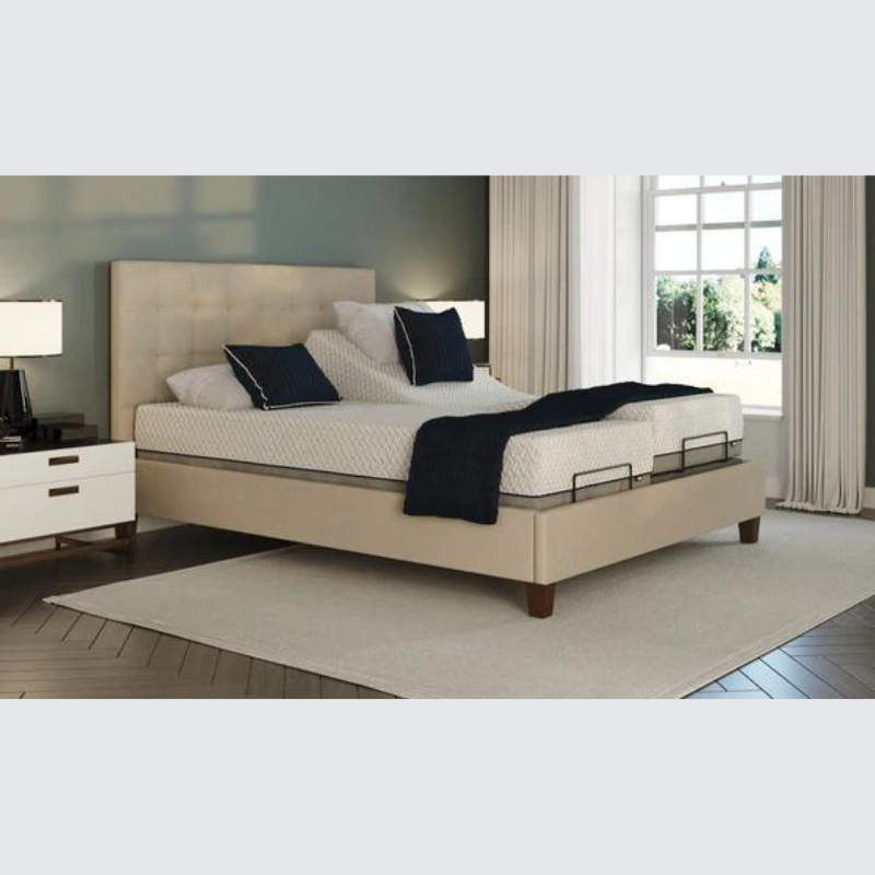 The Flyte Dual has a split/twin mattress platform allowing each side to be controlled independently. The bed is raised on legs for underbed clearance.