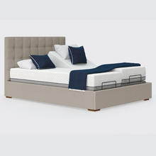 Load image into Gallery viewer, The Hagen Dual has a split/twin mattress platform allowing each side to be controlled independently. The bed a deep base design with four wooden corner feet.