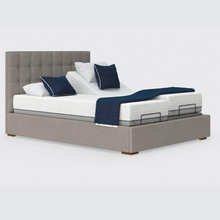 Load image into Gallery viewer, The Hagen Dual has a split/twin mattress platform allowing each side to be controlled independently. The bed a deep base design with four wooden corner feet.