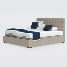 Load image into Gallery viewer, The Hagen Dual has a split/twin mattress platform allowing each side to be controlled independently. The bed a deep base design with four wooden corner feet.
