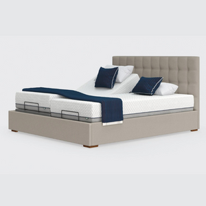 The Hagen Dual has a split/twin mattress platform allowing each side to be controlled independently. The bed a deep base design with four wooden corner feet.