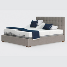 Load image into Gallery viewer, The Hagen Dual has a split/twin mattress platform allowing each side to be controlled independently. The bed a deep base design with four wooden corner feet.