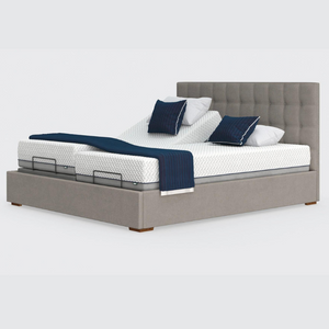 The Hagen Dual has a split/twin mattress platform allowing each side to be controlled independently. The bed a deep base design with four wooden corner feet.
