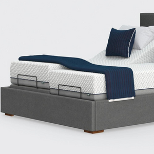 The Hagen Dual has a split/twin mattress platform allowing each side to be controlled independently. The bed a deep base design with four wooden corner feet.