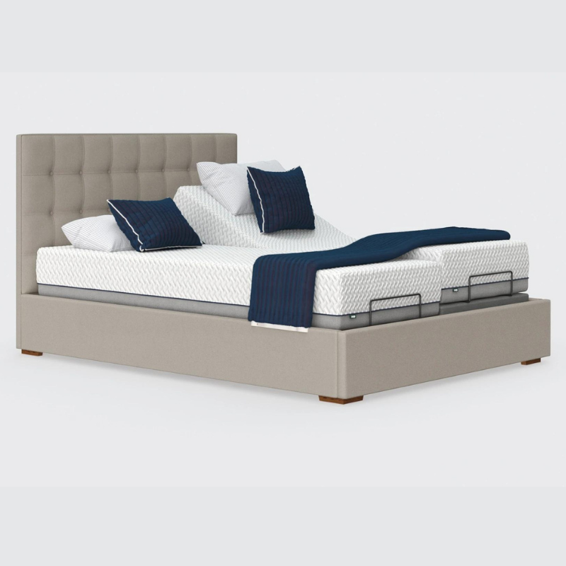 The Hagen Dual has a split/twin mattress platform allowing each side to be controlled independently. The bed a deep base design with four wooden corner feet