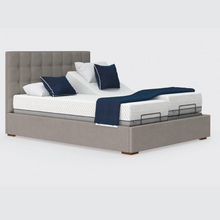 Load image into Gallery viewer, The Hagen Dual has a split/twin mattress platform allowing each side to be controlled independently. The bed a deep base design with four wooden corner feet