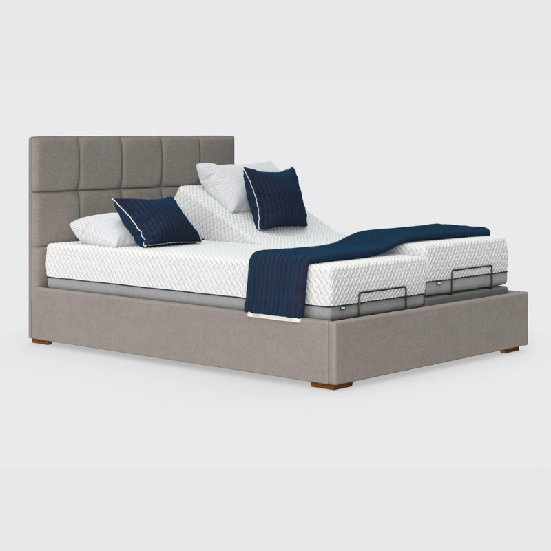 The Hagen Dual has a split/twin mattress platform allowing each side to be controlled independently. The bed a deep base design with four wooden corner feet.