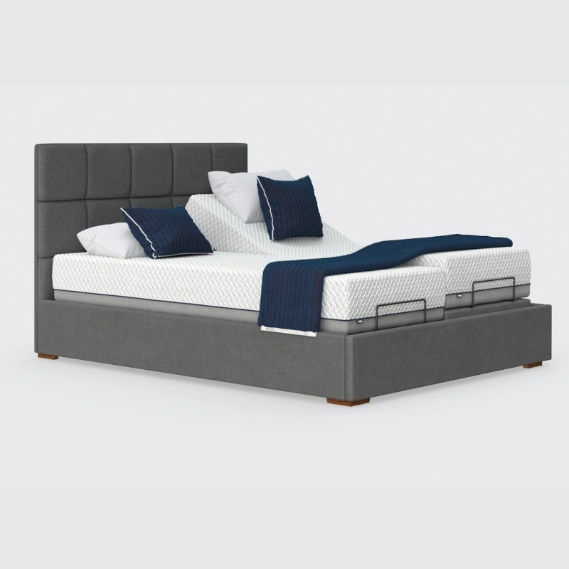 The Hagen Dual has a split/twin mattress platform allowing each side to be controlled independently. The bed a deep base design with four wooden corner feet.