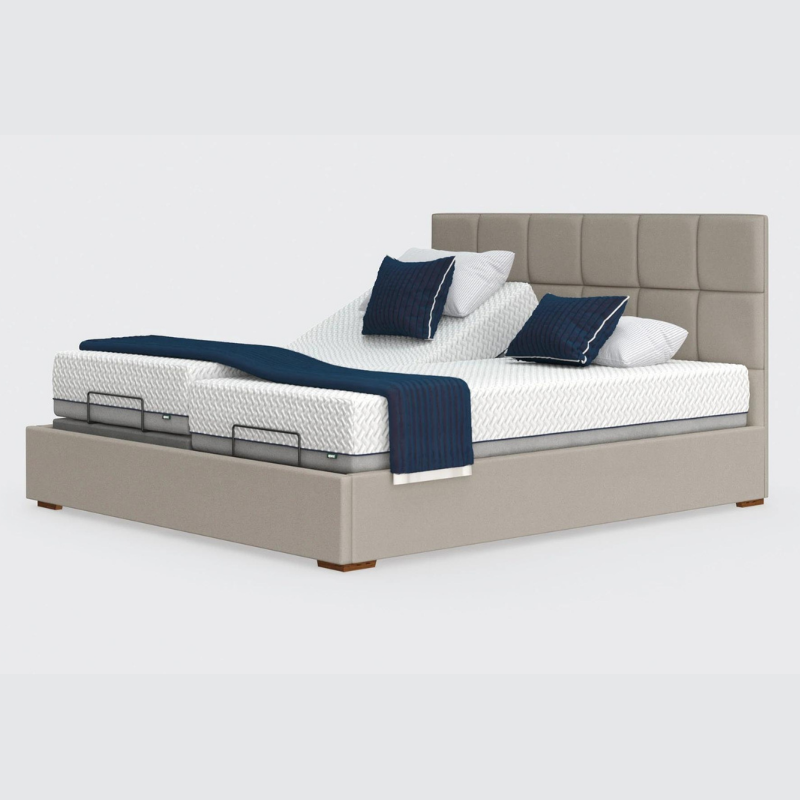 The Hagen Dual has a split/twin mattress platform allowing each side to be controlled independently. The bed a deep base design with four wooden corner feet.