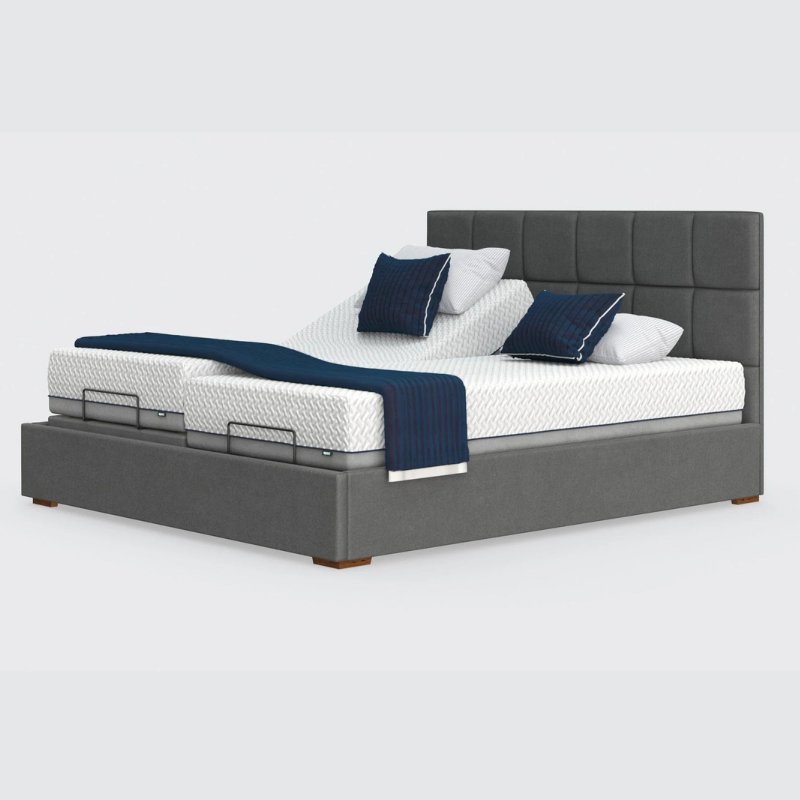 The Hagen Dual has a split/twin mattress platform allowing each side to be controlled independently. The bed a deep base design with four wooden corner feet.