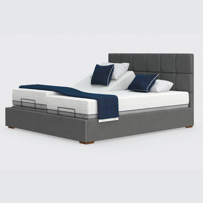 The Hagen Dual has a split/twin mattress platform allowing each side to be controlled independently. The bed a deep base design with four wooden corner feet.
