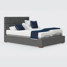 Load image into Gallery viewer, The Hagen Dual has a split/twin mattress platform allowing each side to be controlled independently. The bed a deep base design with four wooden corner feet.