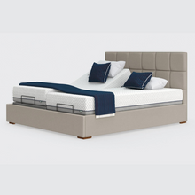 Load image into Gallery viewer, The Hagen Dual has a split/twin mattress platform allowing each side to be controlled independently. The bed a deep base design with four wooden corner feet.