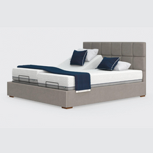 Load image into Gallery viewer, The Hagen Dual has a split/twin mattress platform allowing each side to be controlled independently. The bed a deep base design with four wooden corner feet.